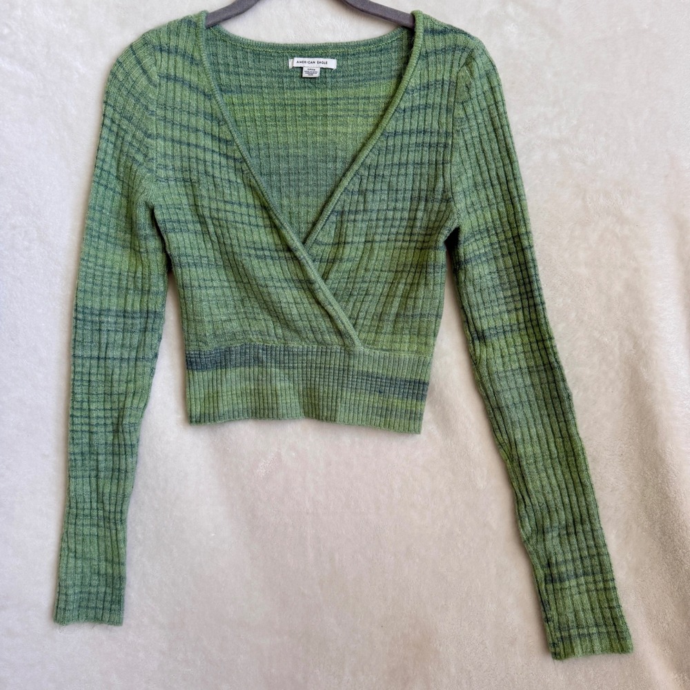 American Eagle Green Space Dye Ribbed Surplice Wrap Crop Sweater Womens Small